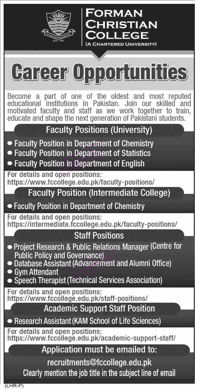 Forman Christian College Lahore Jobs 2023 – Latest Jobs in Pakistan