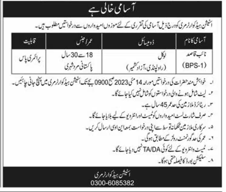 Pak Army Jobs at Station Headquarter Murree Cantt Advertisements