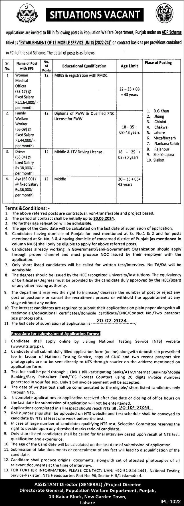 Population Welfare Department Jobs Advertisement 2024