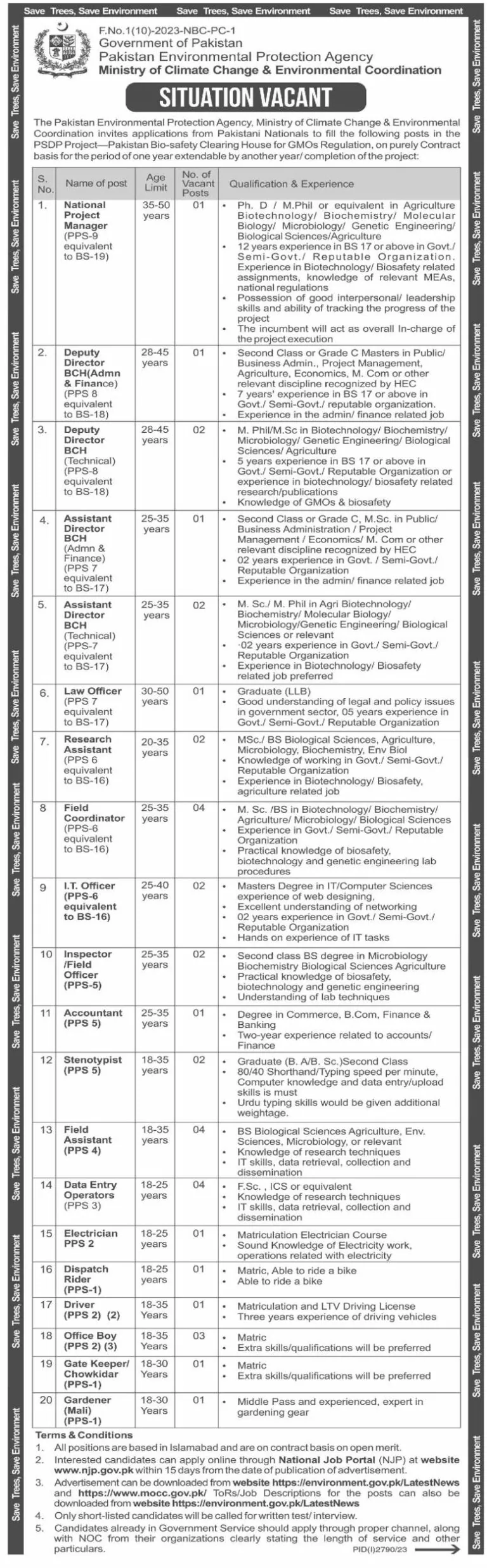 Govt Jobs in Ministry of Climate Change Advertisement 2023