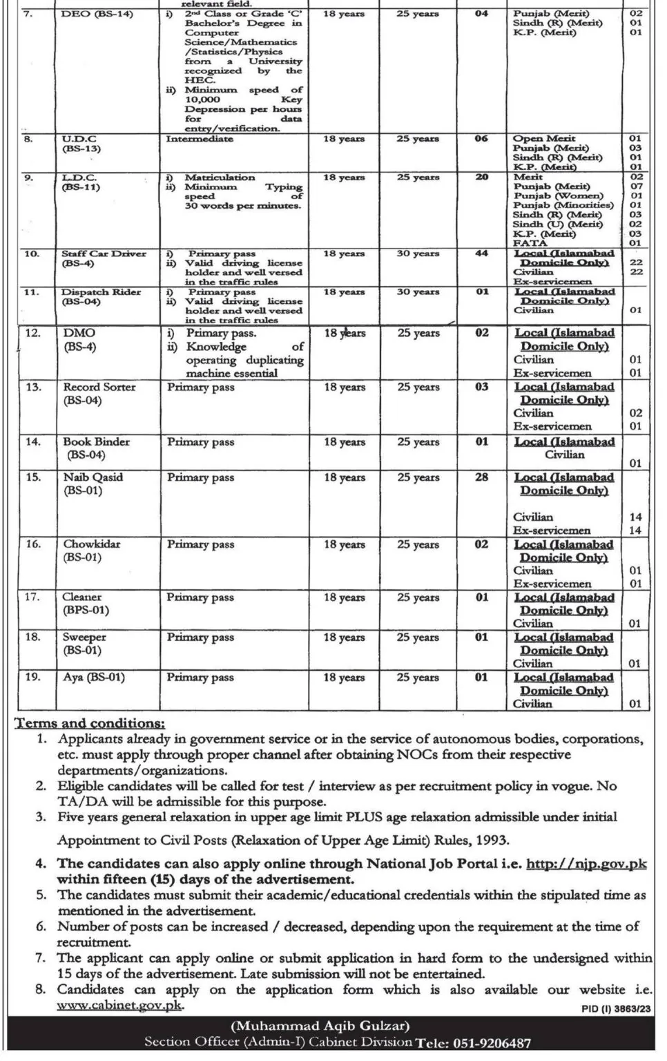 Cabinet Division Jobs Advertisement