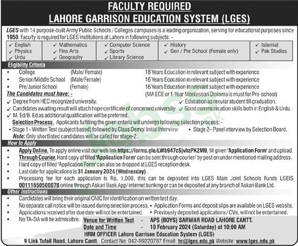 LGES Lahore Garrison Education System Jobs Advertisement