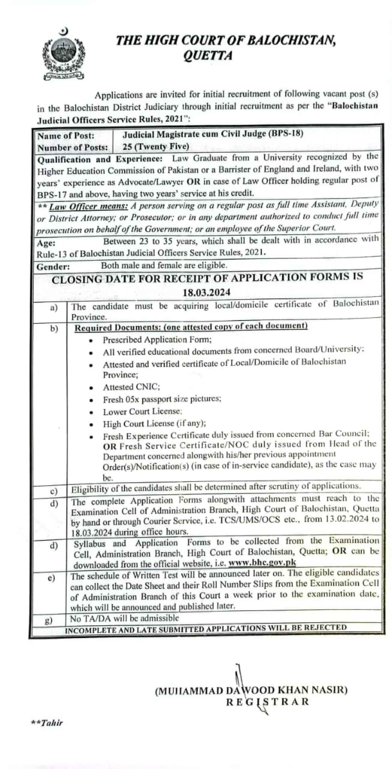 Balochistan High Court Jobs 2024 Latest Advertisement