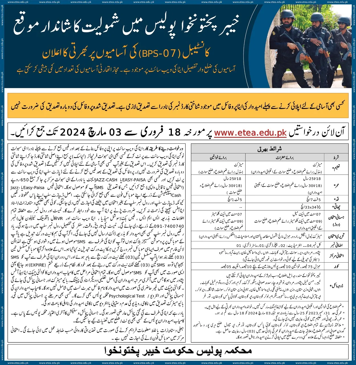 KPK Police Jobs 2024 Online Apply www.kppolice.gov.pk | ETEA Police Jobs ETEA KPK Police Jobs Advertisement