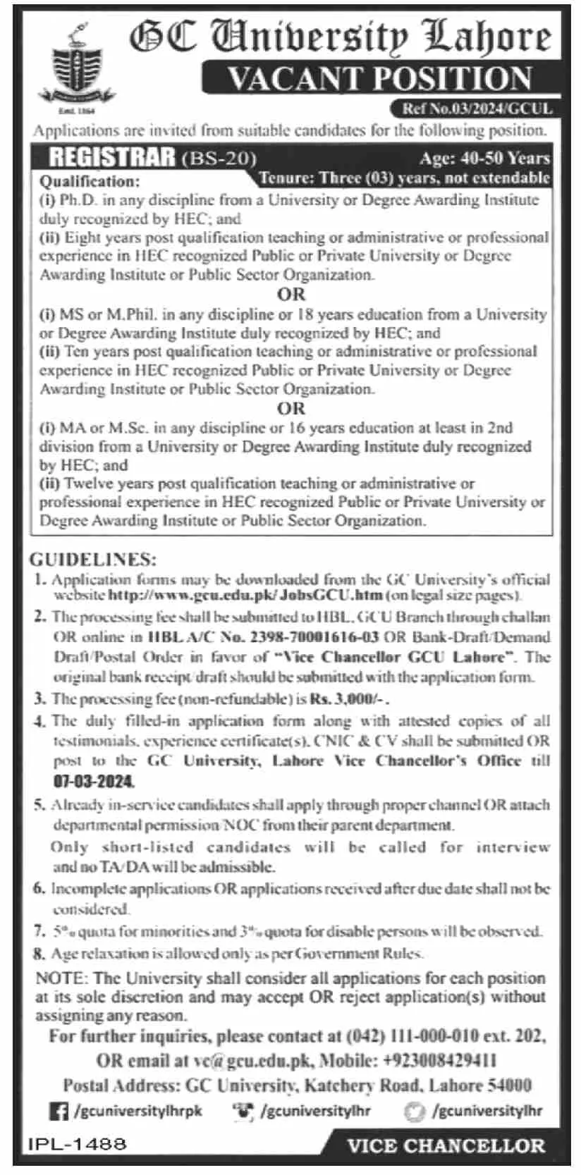 GC University Lahore Jobs Advertisement