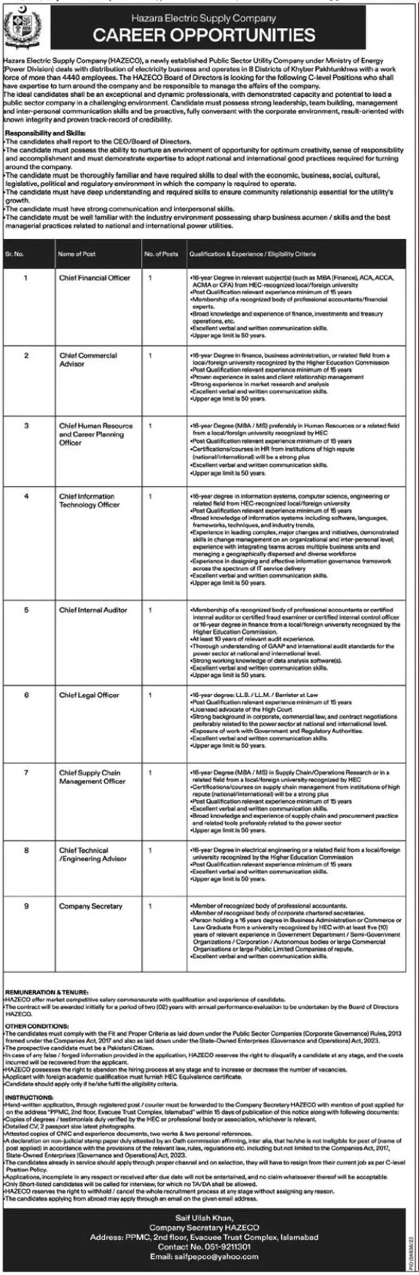 Hazara Electric Supply Company Jobs Advertisement