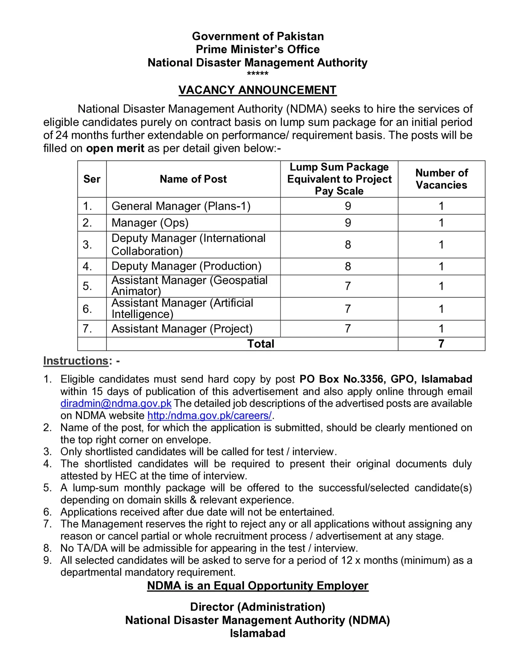 National Disaster Management Authority NDMA Jobs 2024 Pakistan