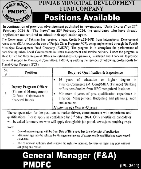 Punjab Municipal Development Fund Company PMDFC Jobs 2024