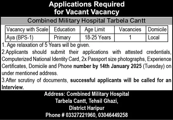 CMH Jobs 2025 in Pakistan - Combined Military Hospital Tarbela