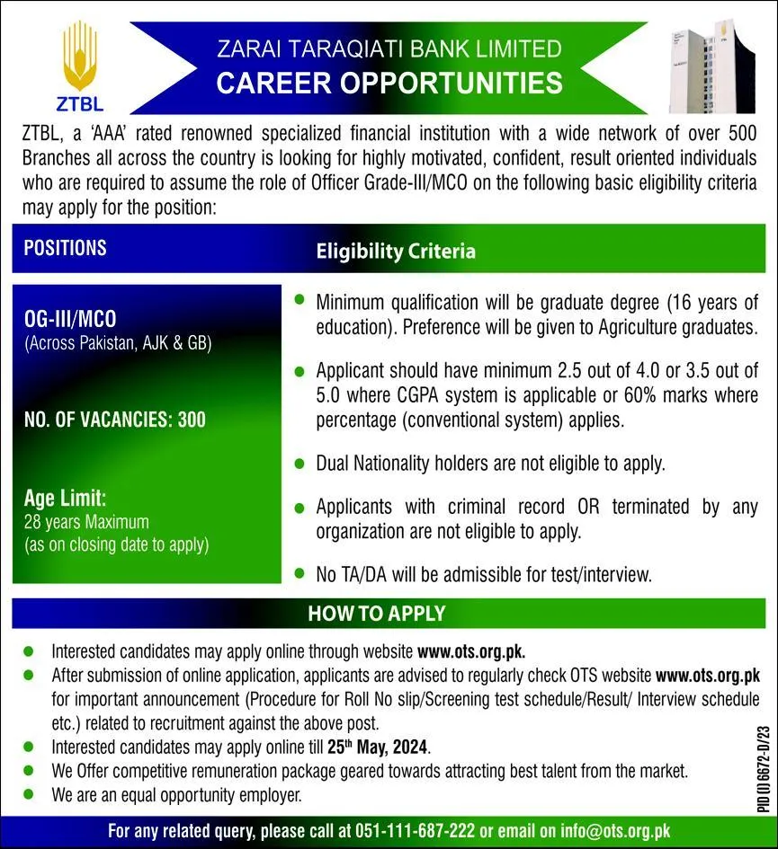 Zarai Taraqiati Bank Limited ZTBL Jobs 2024