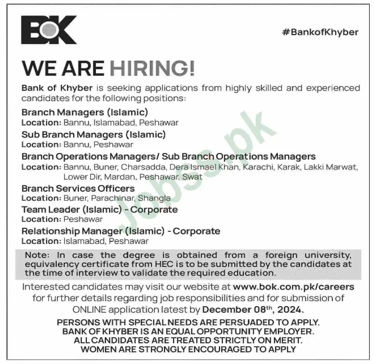 Bank Of Khyber BOK Jobs Advertisement 2024