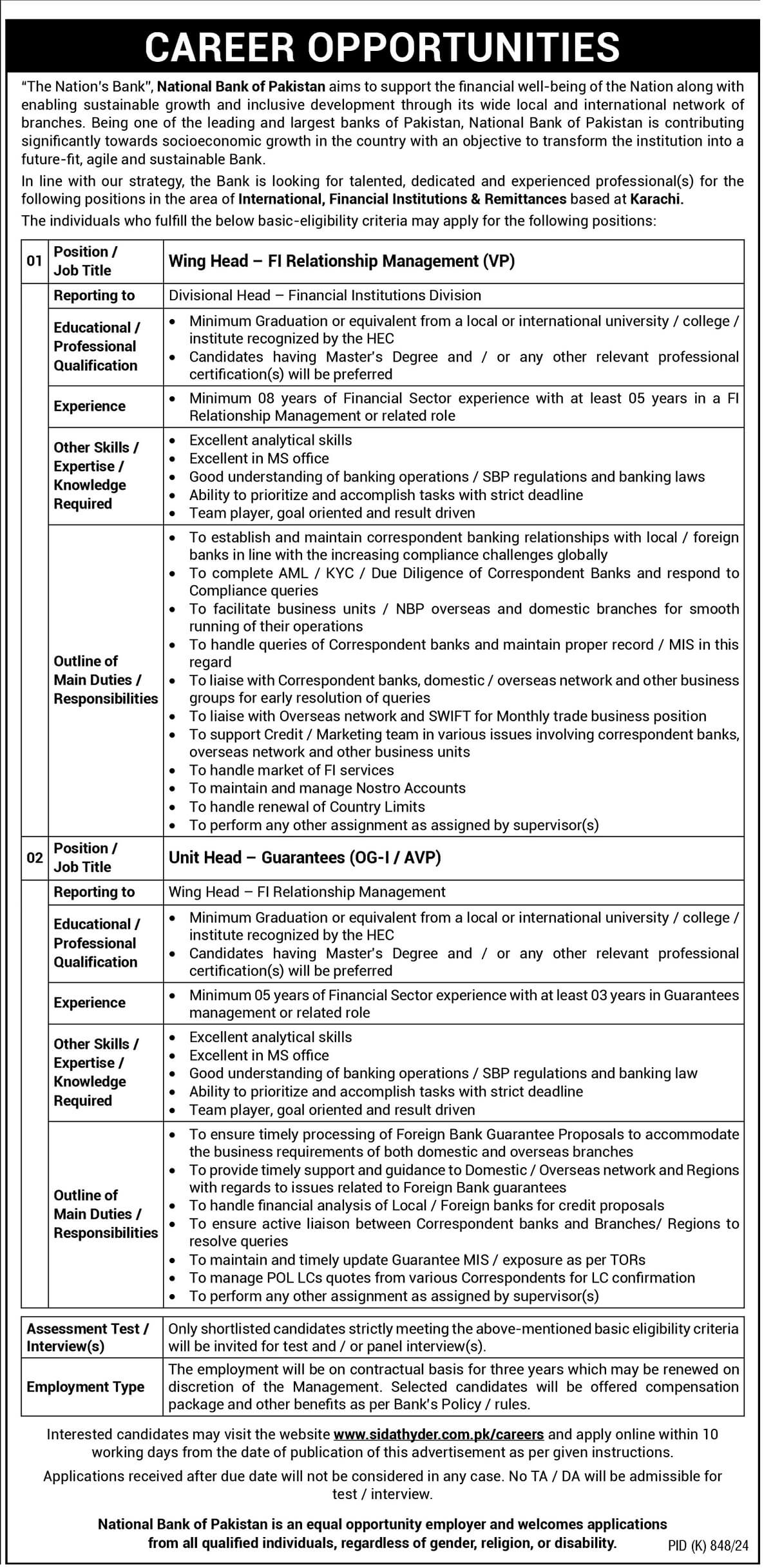 National Bank of Pakistan NBP Jobs 2024