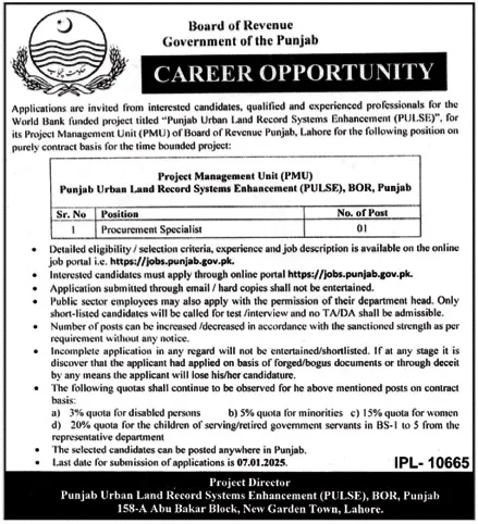 BOR Board of Revenue Punjab Jobs Advertisement